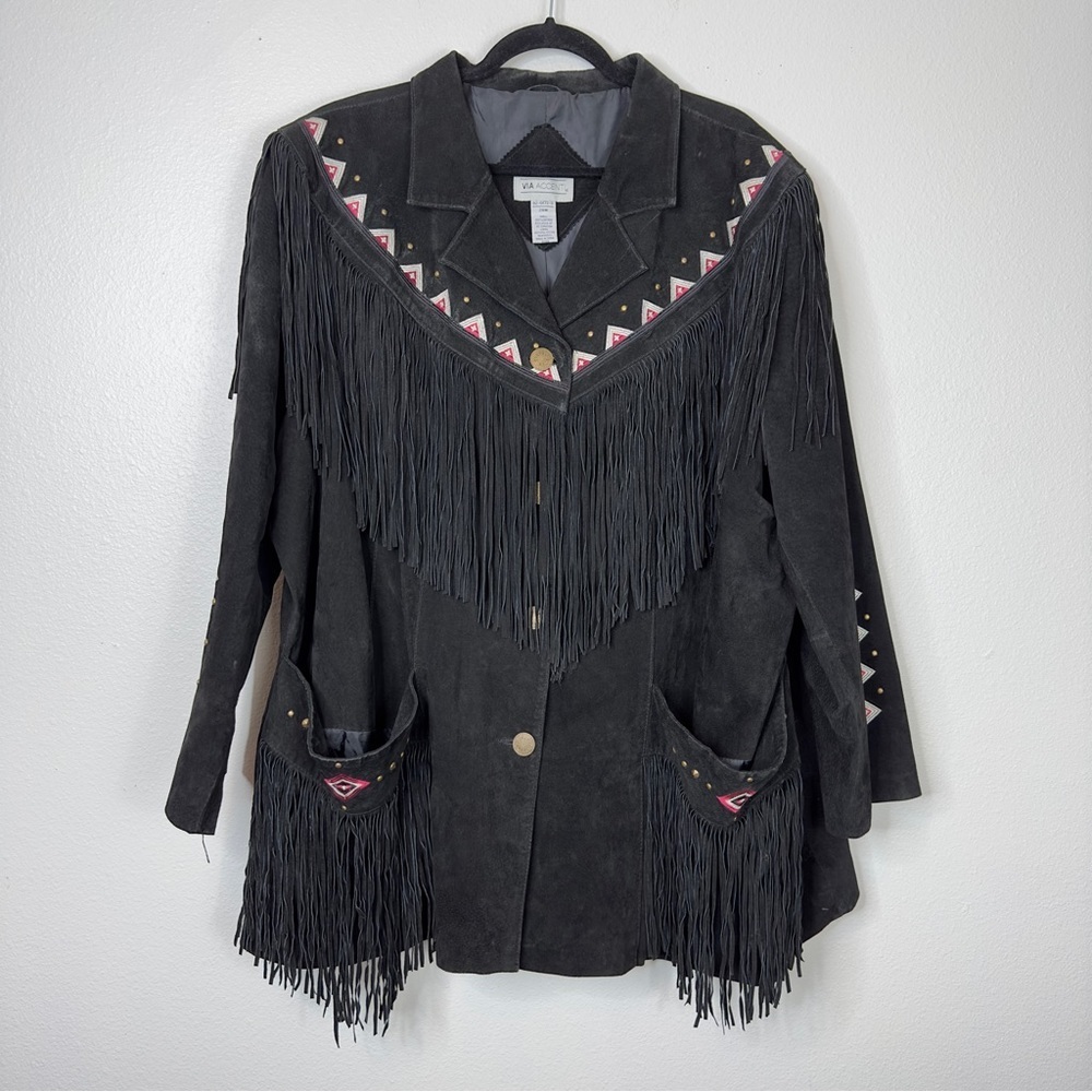 Vintage Via Accenti 100% Leather coat fringe embroidered western bohemian boho